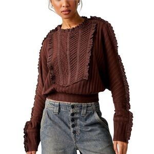 Free People Chocolate Lace Accent Blouse